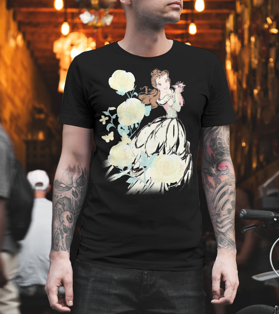 Disney Beauty The Beast Belle Yellow Watercolor Rose Butterfly T-Shirt