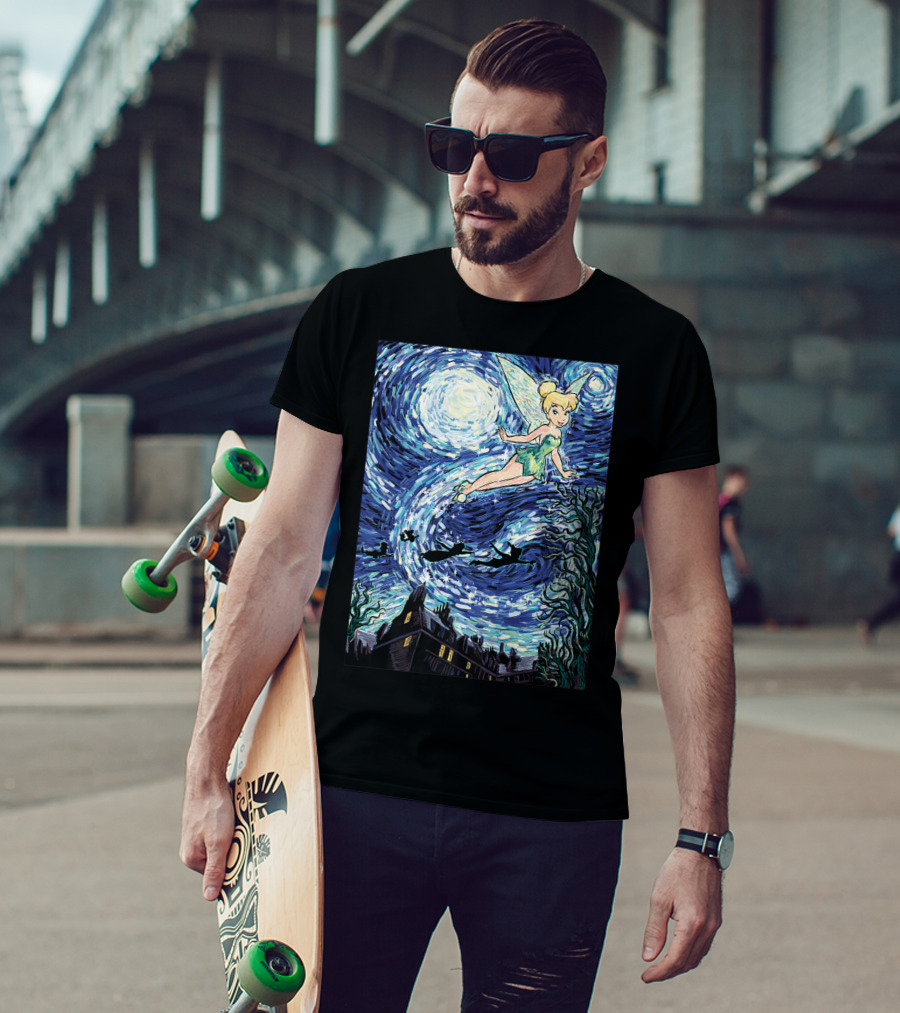 Disney Peter Pan Tinker Bell Starry Night Van Gogh Style Flight Scene T-Shirt