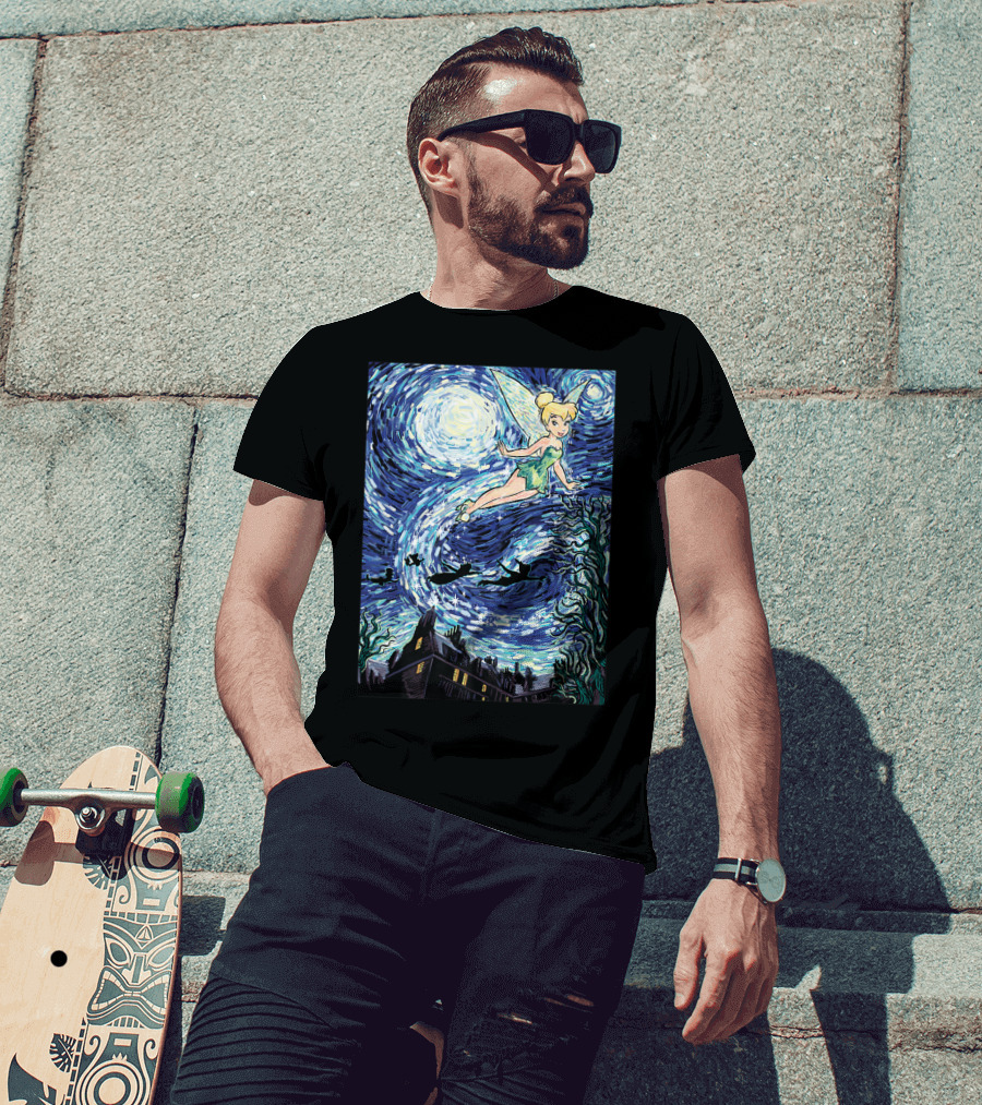 Disney Peter Pan Tinker Bell Starry Night Van Gogh Style Flight Scene T-Shirt