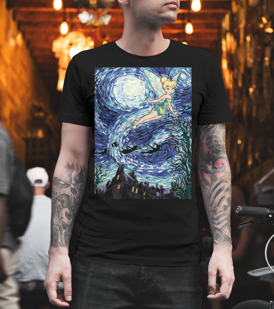 Disney Peter Pan Tinker Bell Starry Night Van Gogh Style Flight Scene T-Shirt