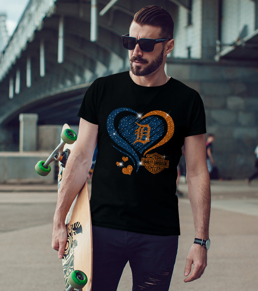 Motor Harley Davidson Cycles Detroit Tigers Sparkle Heart T-Shirt