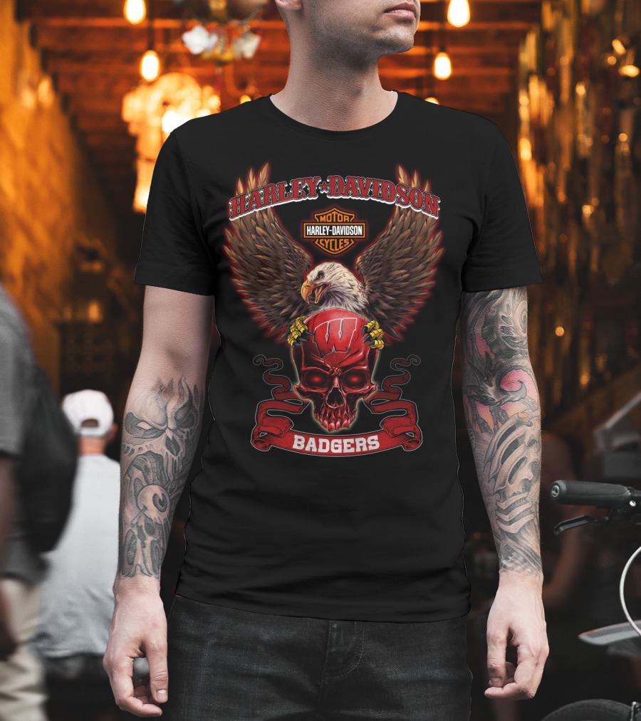 Harley Davidson Wisconsin Badgers Eagle Skull T-Shirt