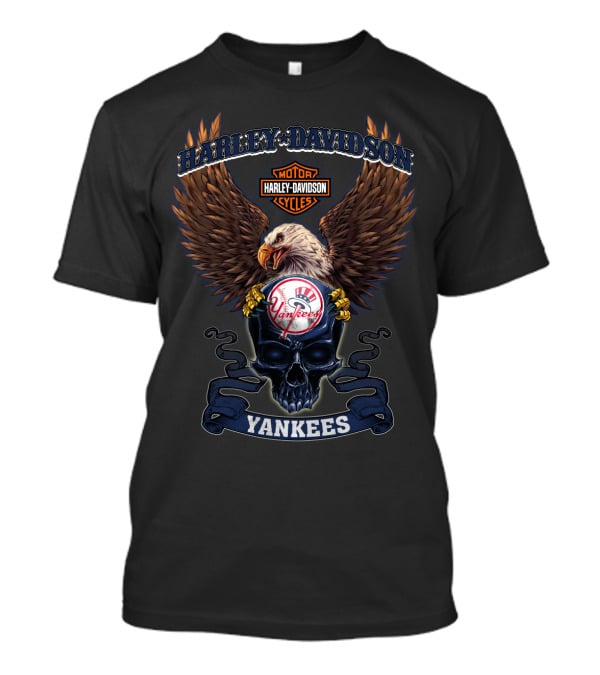 Harley Davidson Motor Cycles Eagle New York Yankees Skull T-Shirt