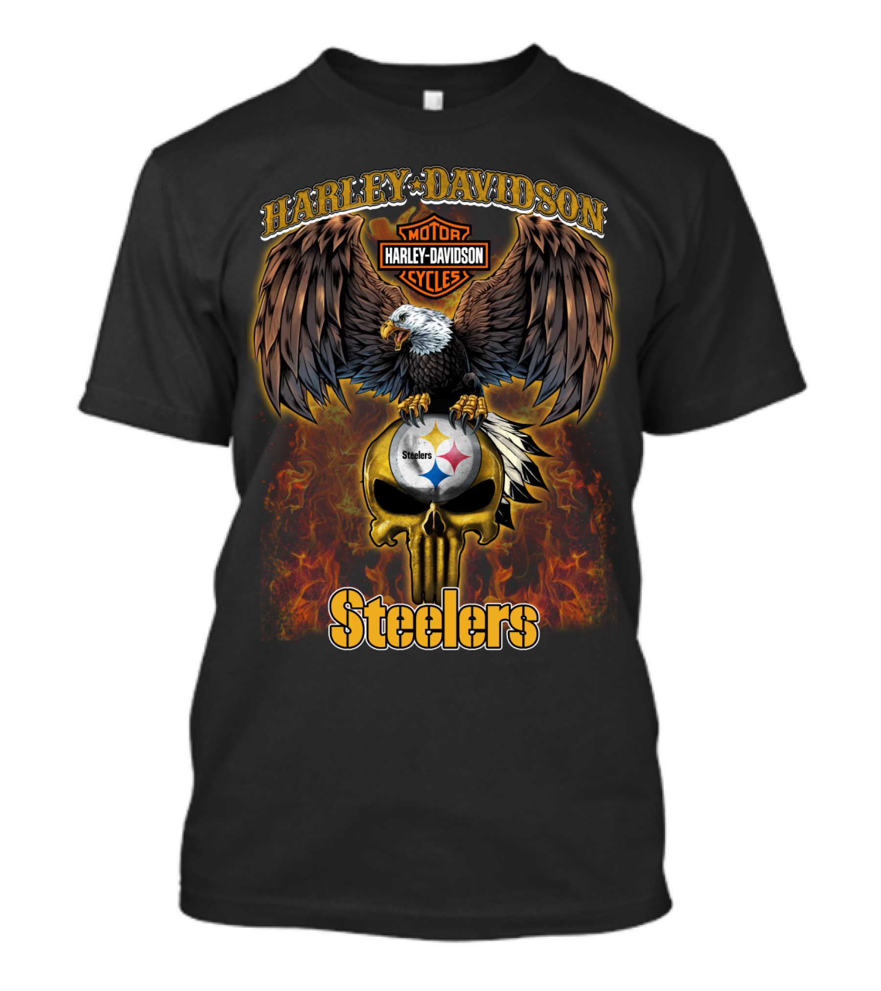 Harley Davidson Motor Cycles Steelers Eagle Skull Flames T-Shirt