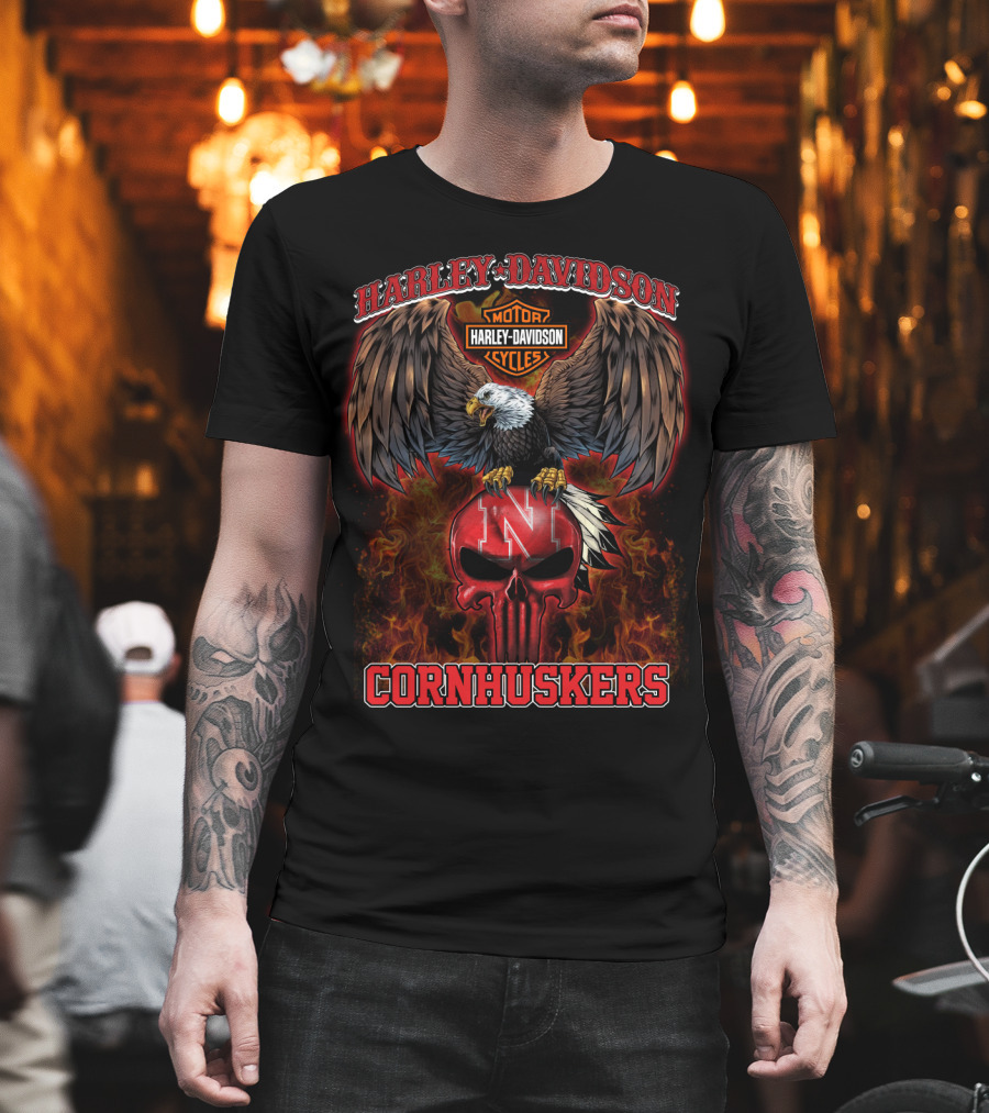 Harley Davidson Eagle Nebraska Cornhuskers Skull Flame T-Shirt