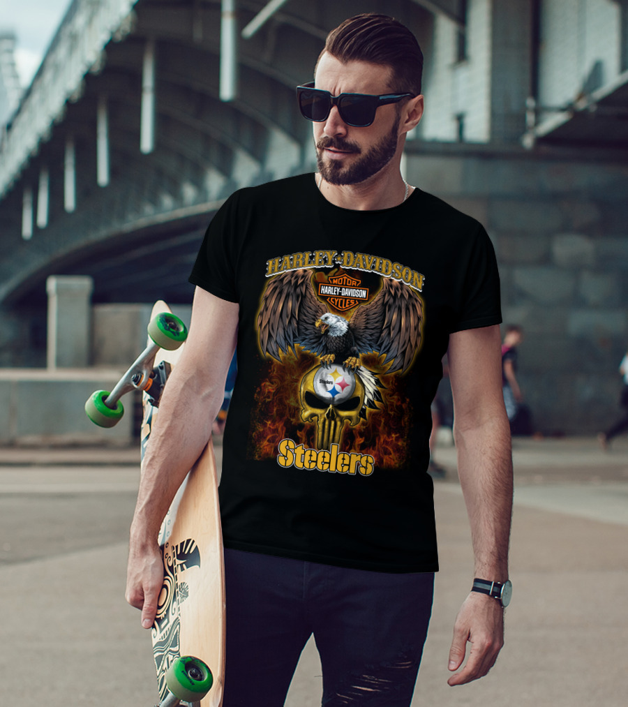 Harley Davidson Eagles Steelers Skull Fire T-Shirt