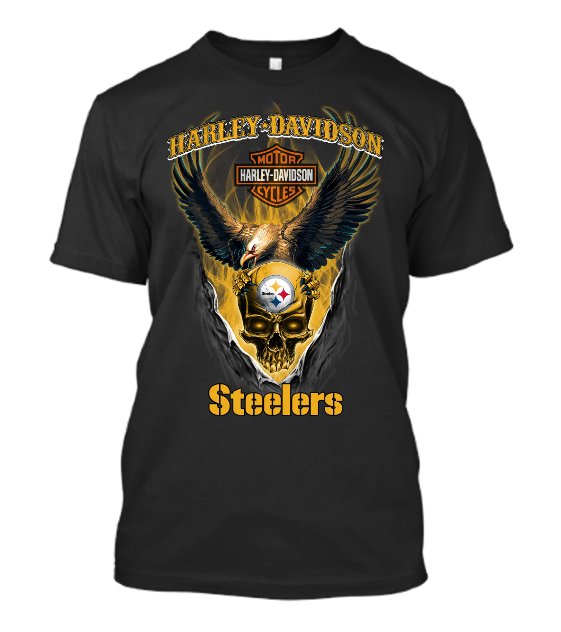 Harley Davidson Motor Cycles Steelers Skull Eagle Patch T-Shirt