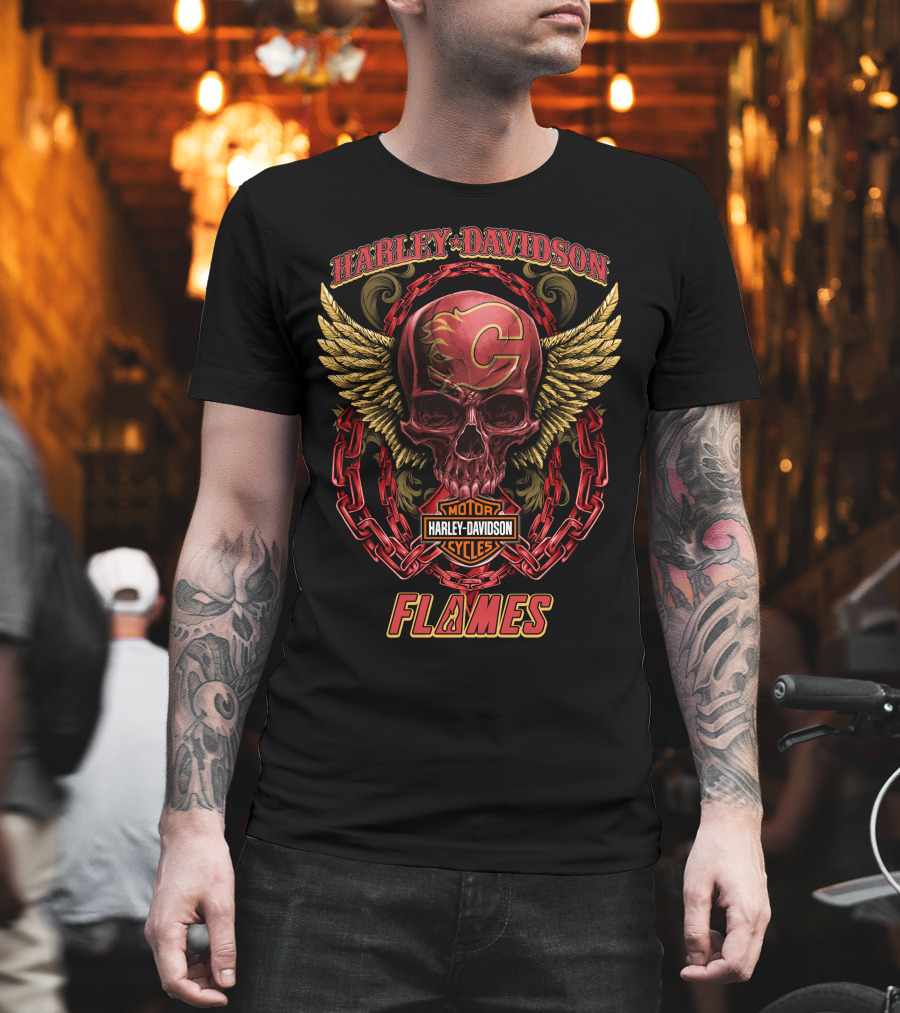 Harley Davidson Calgary Flames Skull Wings Chains T-Shirt