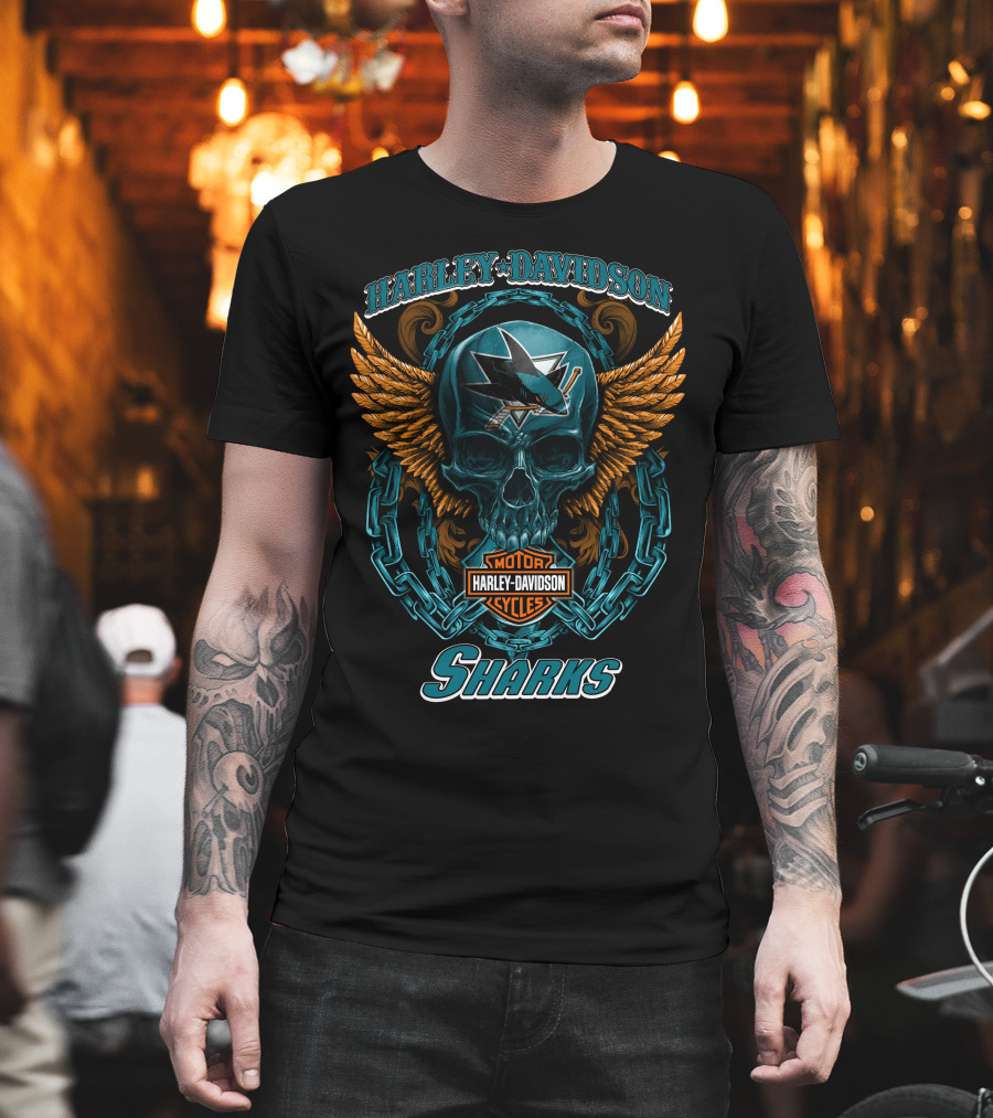 Harley Davidson San Jose Sharks Nhl Motorcycles Skull And Wings T-Shirt