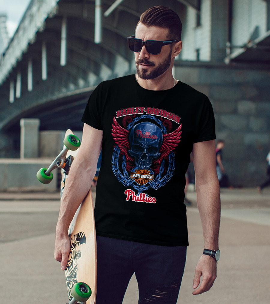Harley Davidson Phillies Skull Wings Motor Cycles T-Shirt