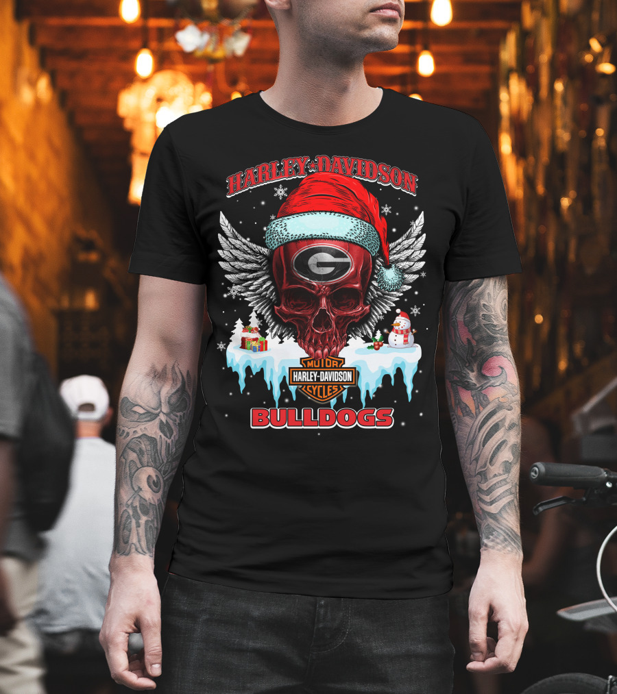 Harley Davidson Georgia Bulldogs Christmas Skull With Santa Hat T-Shirt