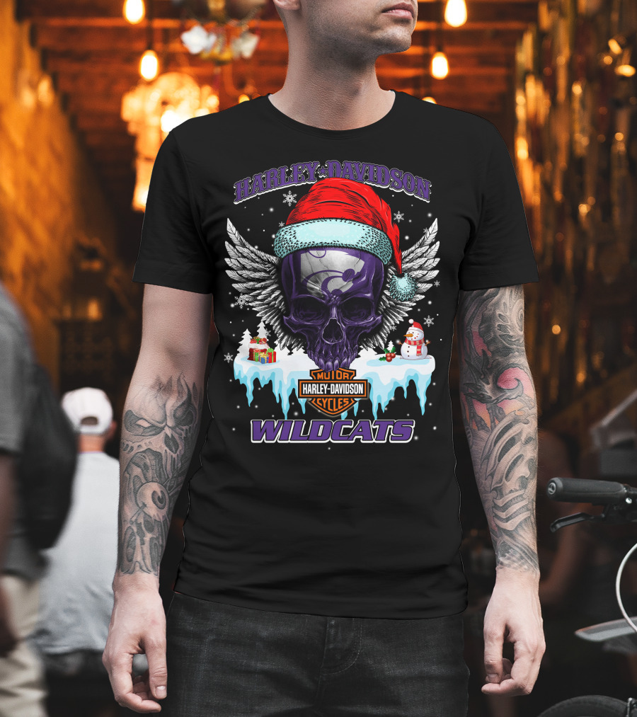 Harley Davidson Kansas State Wildcats Christmas Skull Wings T-Shirt