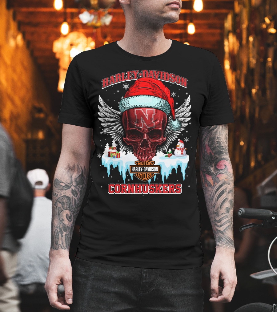 Harley Davidson Nebraska Cornhuskers Skull Santa Claus Wings Snowman T-Shirt
