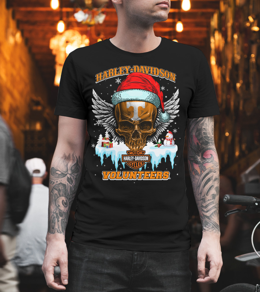 Harley Davidson Motor Cycles Tennessee Volunteers Santa Skull T-Shirt