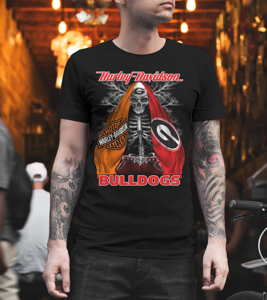 Harley Davidson Georgia Bulldogs Skeleton Lightning Motorcycles T-Shirt