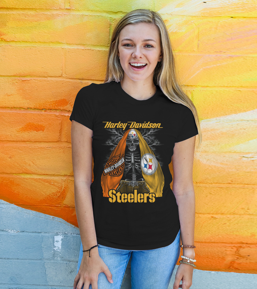 Harley Davidson Steelers Motorcycles Skull With Lightning T-Shirt
