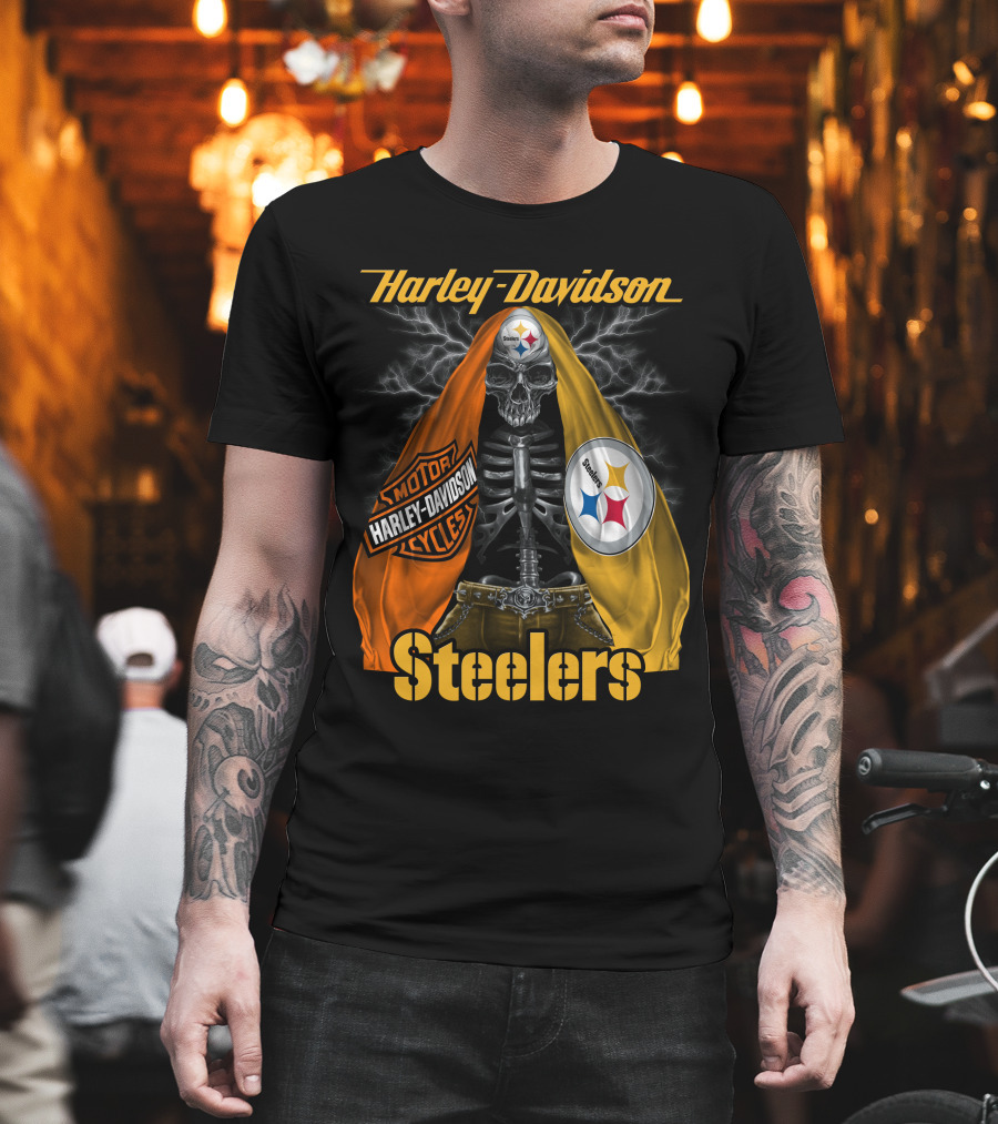 Harley Davidson Steelers Motorcycles Skull With Lightning T-Shirt