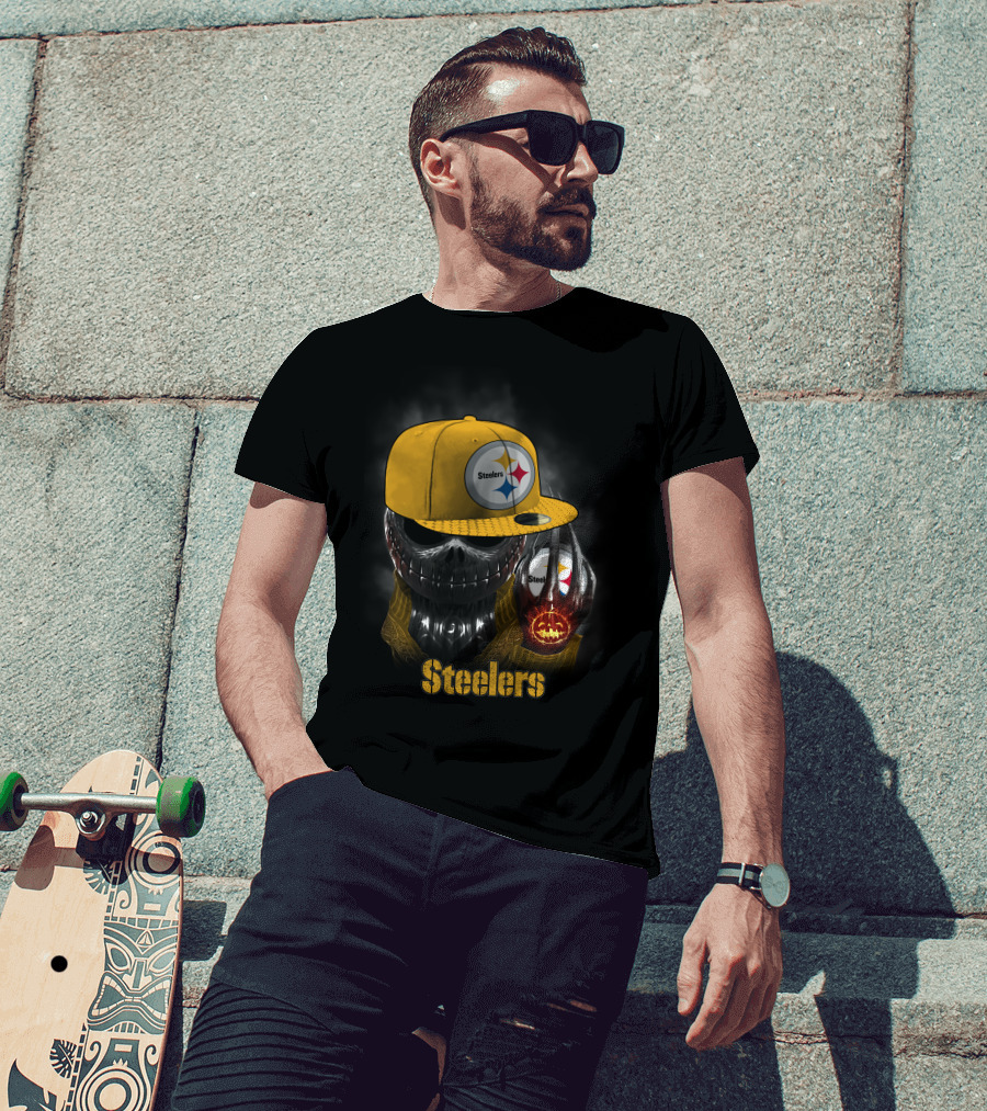 Steelers Skull With Yellow Cap And Pumpkin-Hand T-Shirt