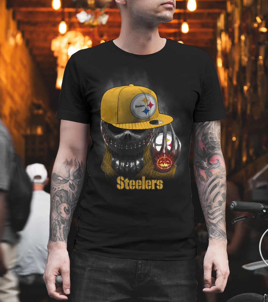 Steelers Skull With Yellow Cap And Pumpkin-Hand T-Shirt