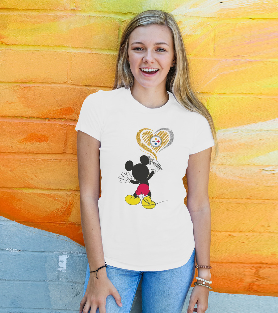 Mickey Mouse Drawing Heart With Pittsburgh Steelers T-Shirt