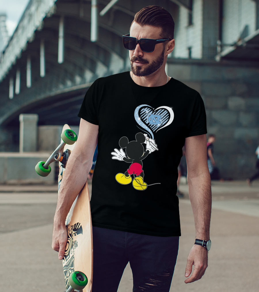 Mickey Mouse Drawing North Carolina Tar Heels In Heart Shape T-Shirt