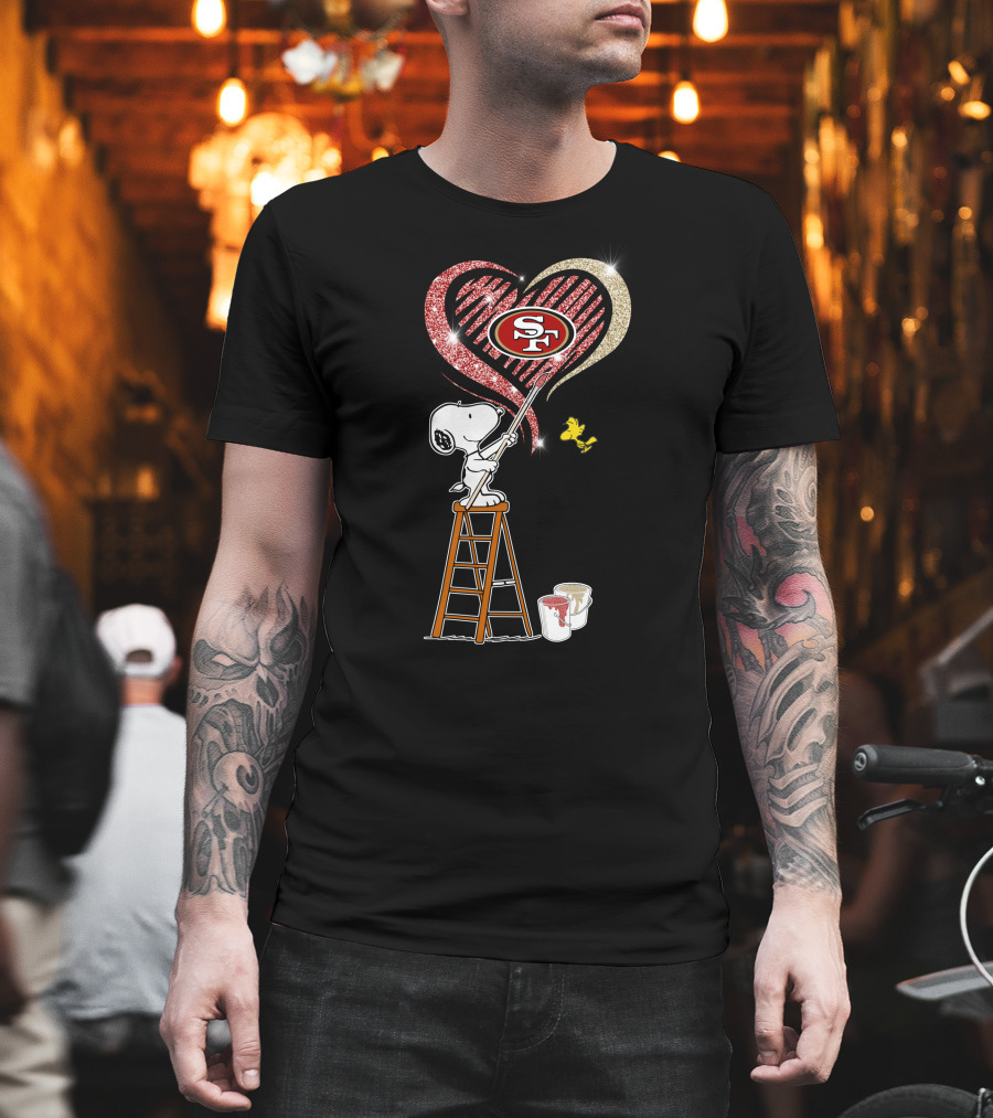 Snoopy Painting San Francisco 49ers Heart With Woodstock T-Shirt