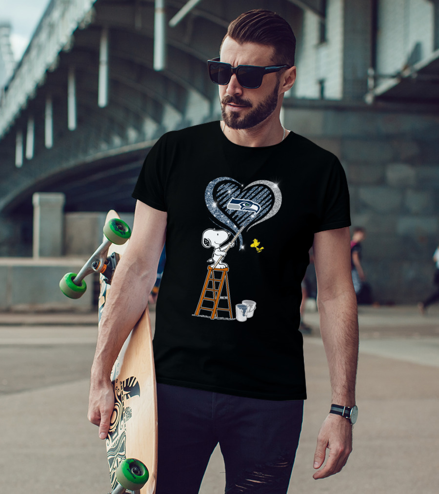 Snoopy Painting Seattle Seahawks Logo Heart With Woodstock T-Shirt