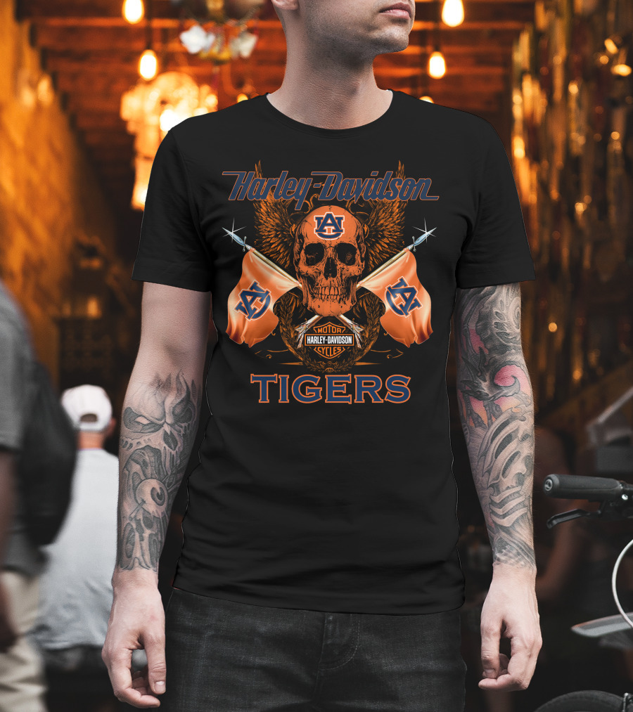 Harley Davidson Auburn Tigers Skull And Flags T-Shirt