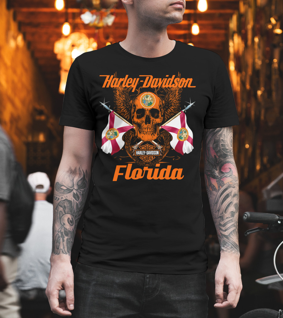 Harley Davidson Florida Skull With Flags And Logo Motif T-Shirt