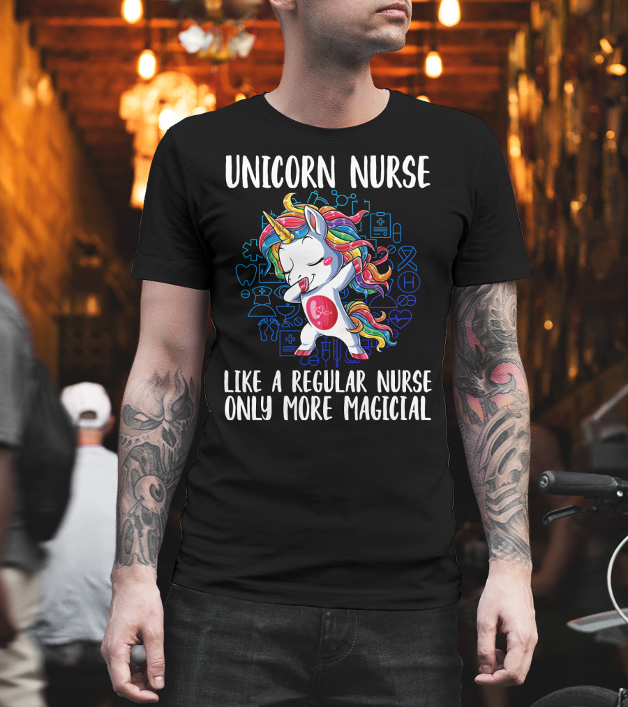 Unicorn Nurse Like A Regular Nurse Only More Magical With Colorful Rainbow Hair and Medical Symbols T-Shirt