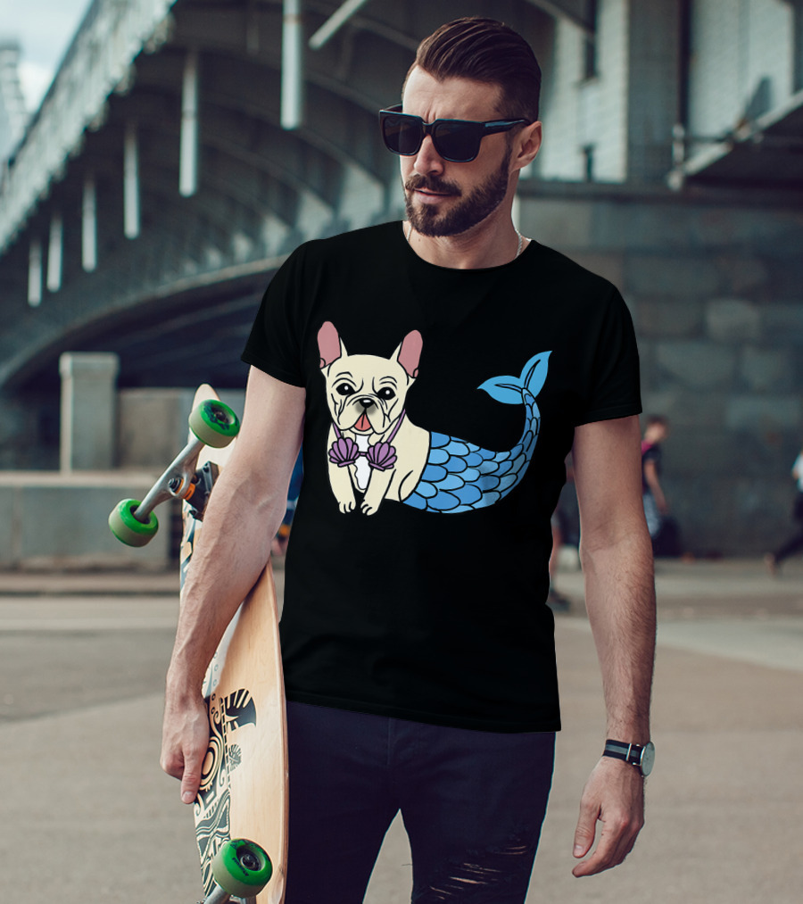 Cream French Bulldog Mermaid With Shell Bra Funny Do T-Shirt
