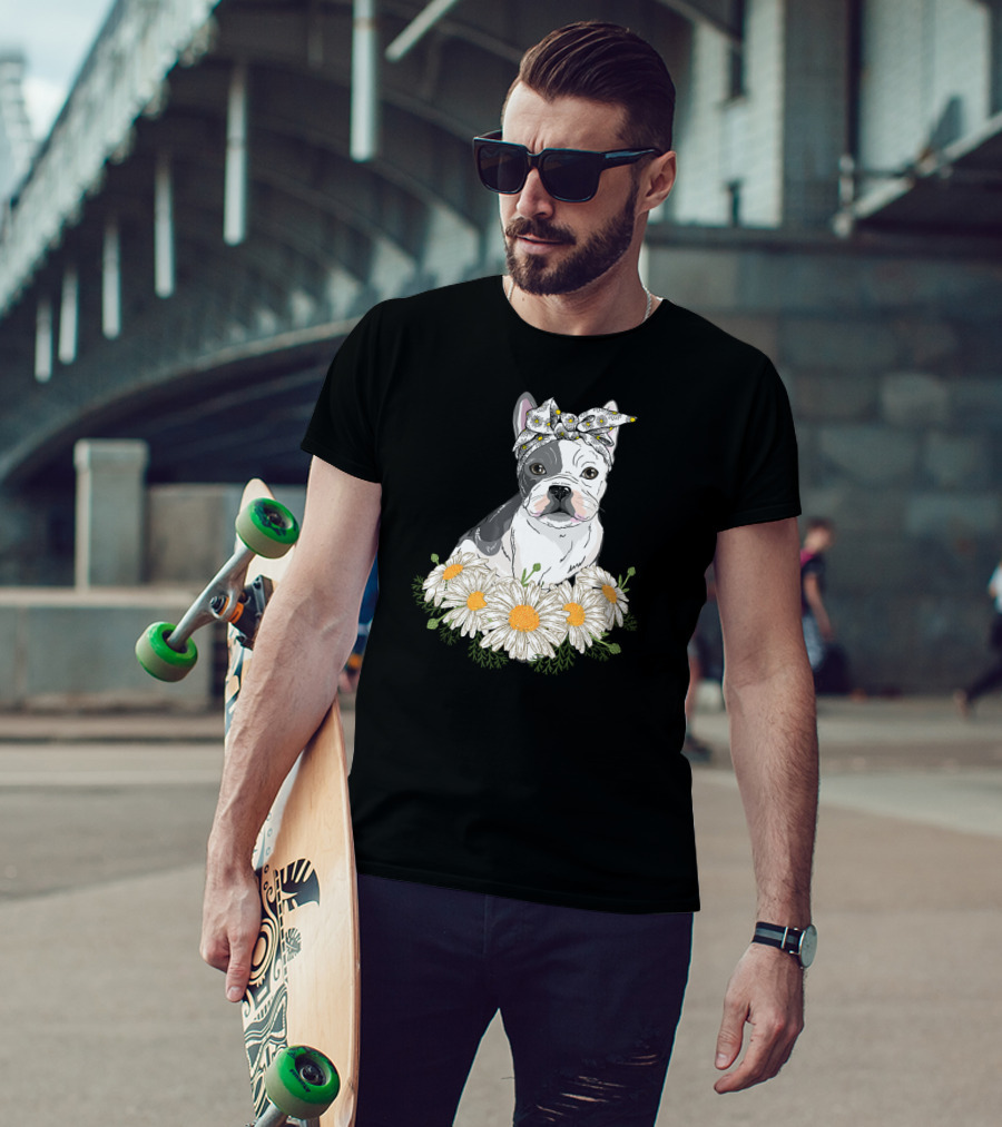 French Bulldog With Daisy Headband And Flower Garden T-Shirt