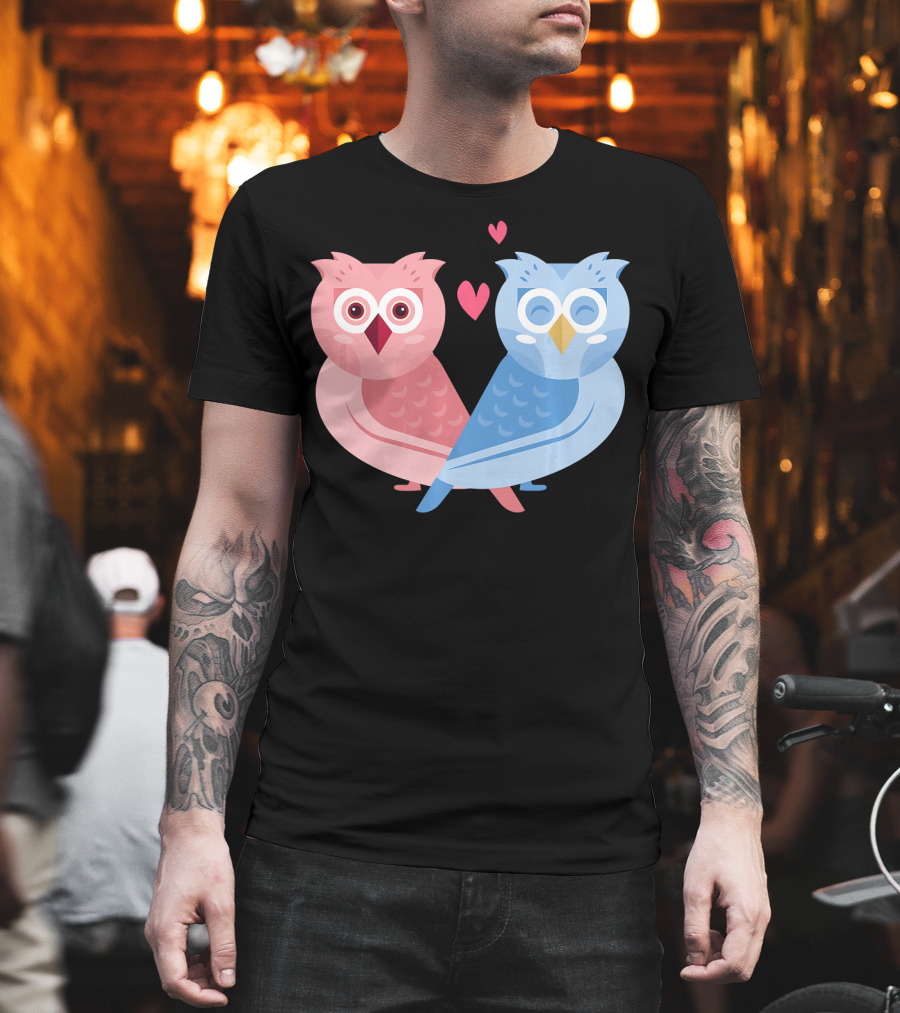 Cute Owls Birds In Love Couple With Hearts T-Shirt