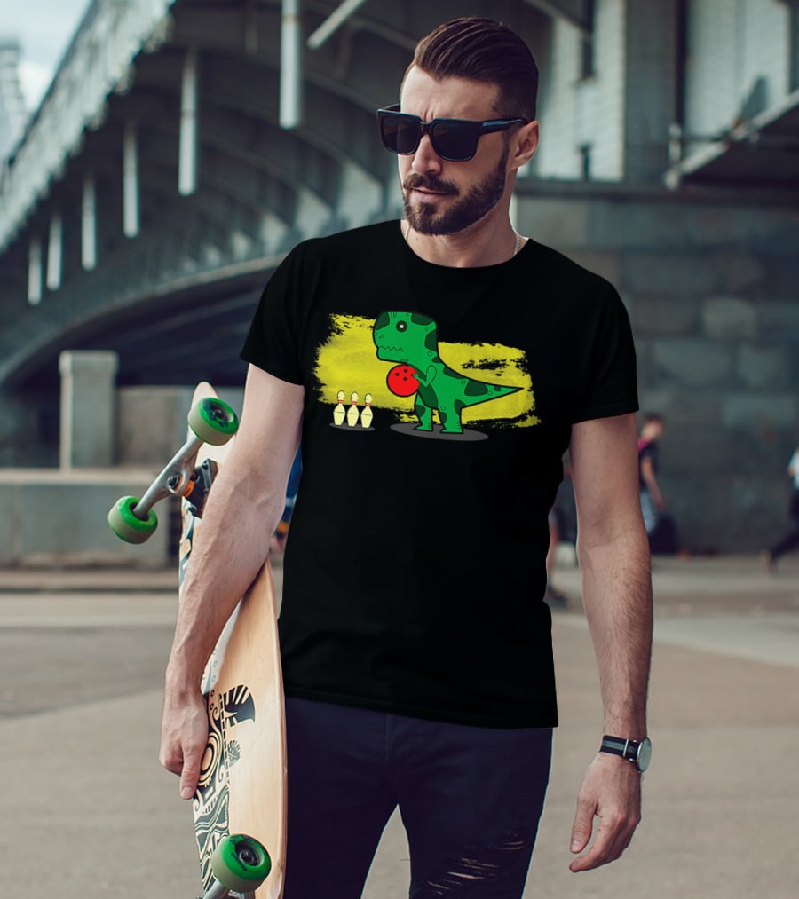 Dino Bowler With Red Bowling Ball And Pins In Yellow Splash Background T-Shirt