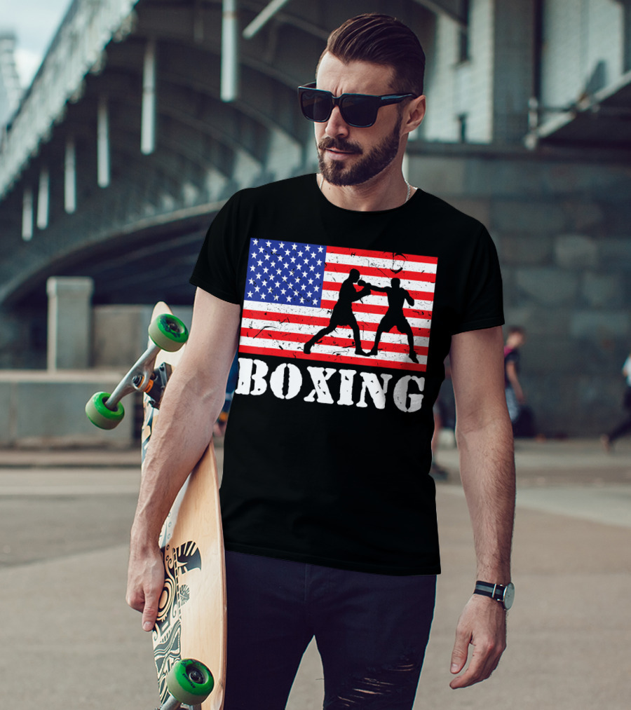 Distressed Boxing USA American Flag With Fighters T-Shirt