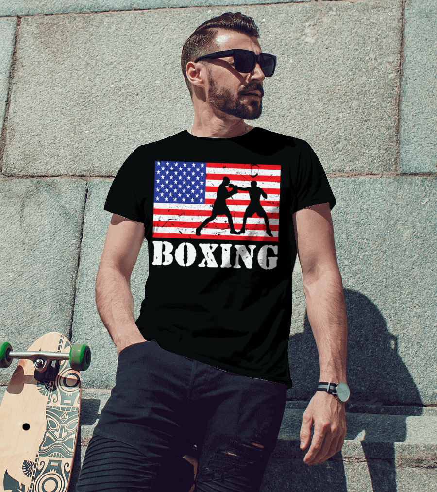 Distressed Boxing USA American Flag With Fighters T-Shirt