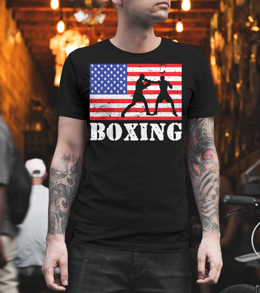 Distressed Boxing USA American Flag with Fighters T-Shirt