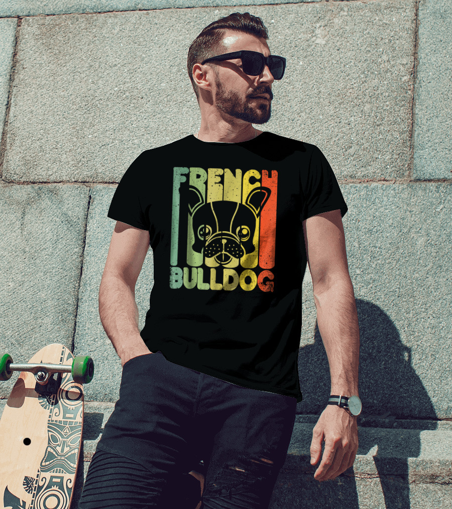 Distressed French Bulldog Vintage Rainbow Stripes T-Shirt