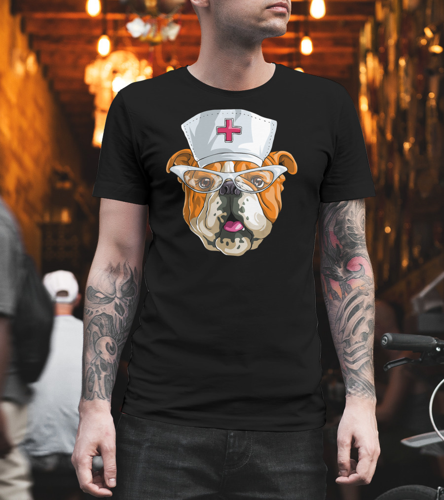 English Bulldog Nurse Hat Glasses Dog T-Shirt