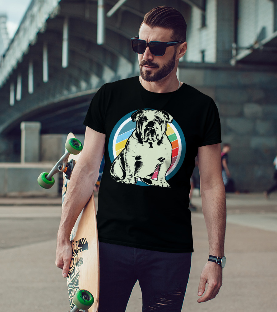 English Bulldog Retro Style Rainbow Circle T-Shirt