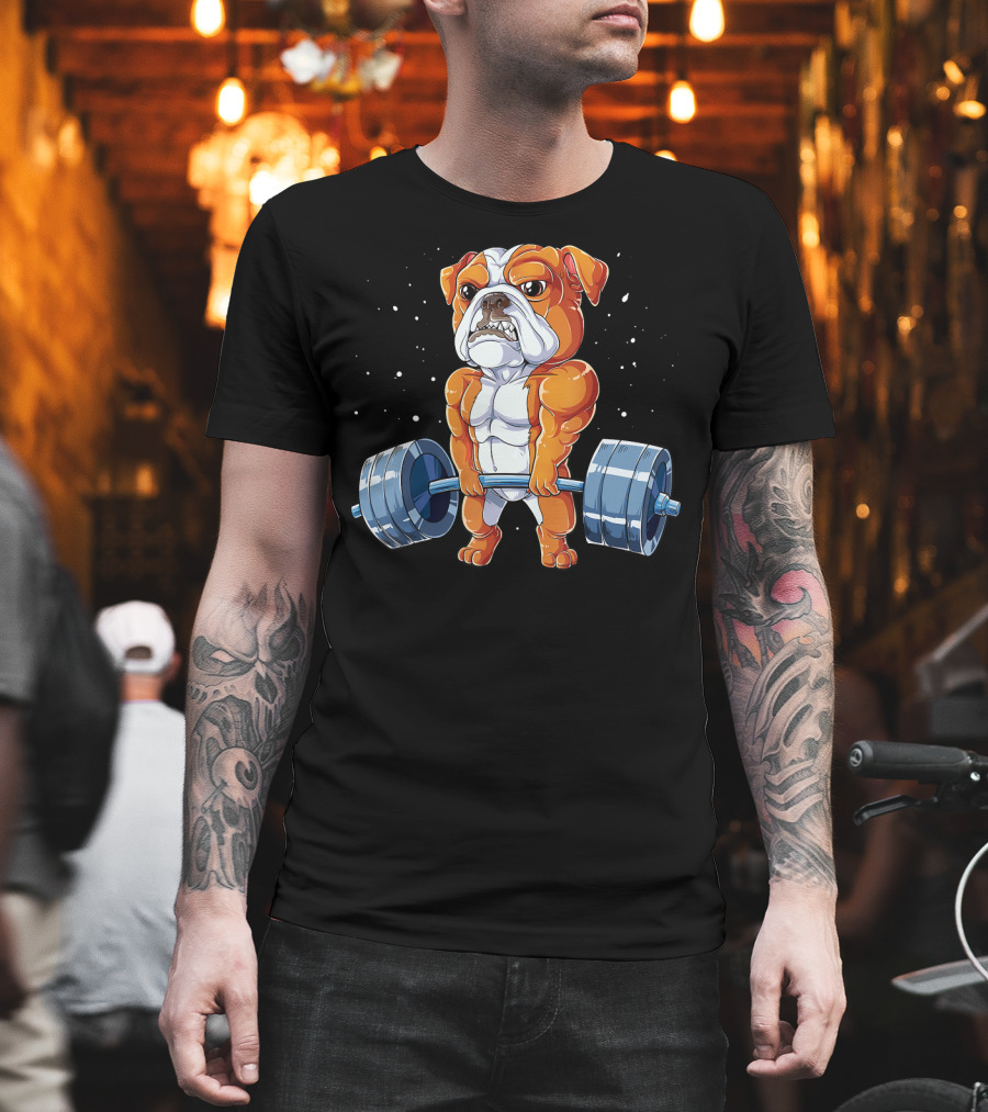 English Bulldog Weightlifting Humor Barbell Challenge T-Shirt