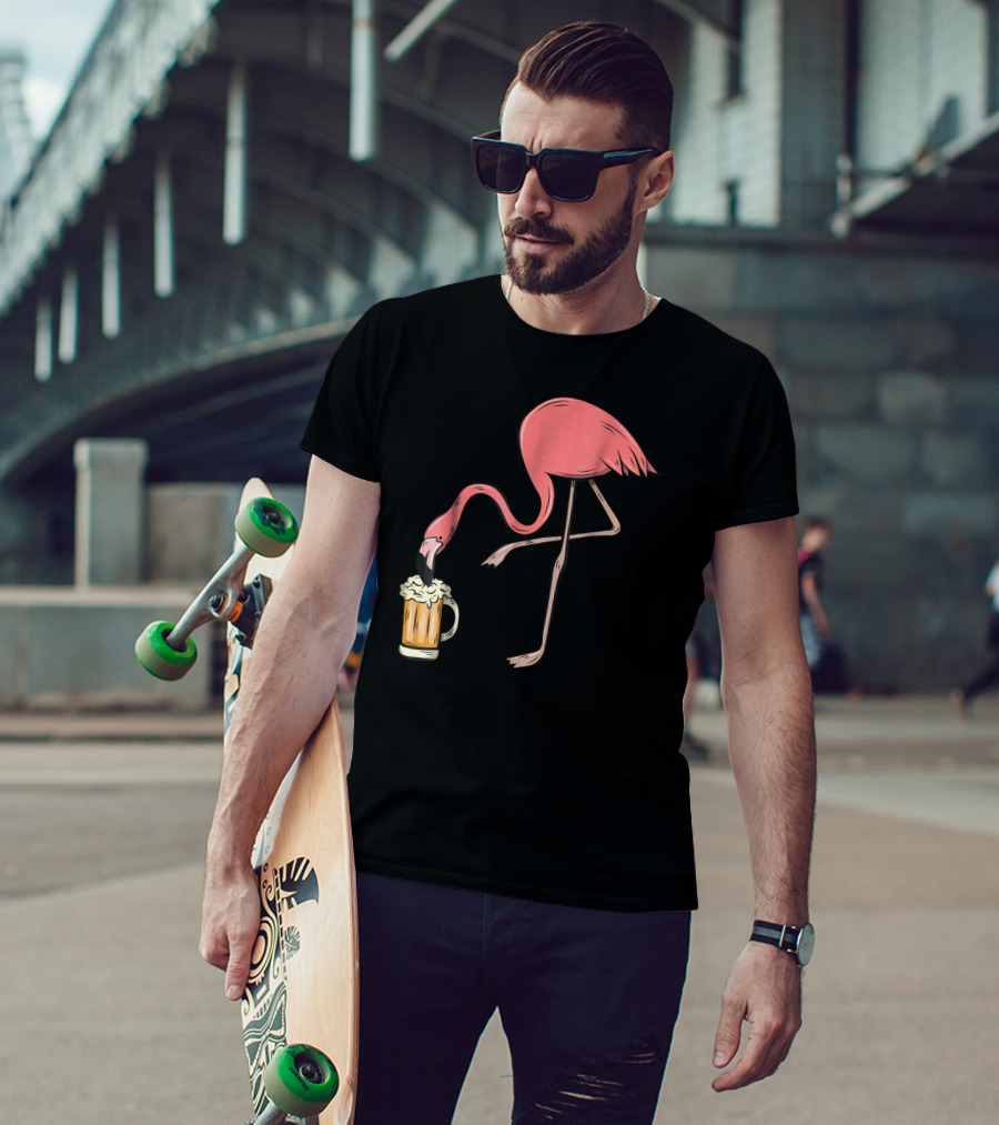 Funny Pink Flamingo Drinking Beer Illustrative Humor T-Shirt