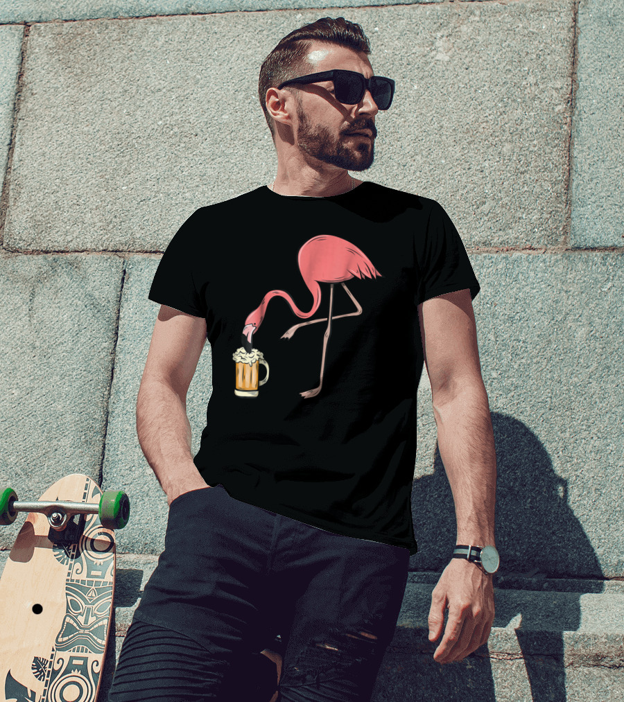 Funny Pink Flamingo Drinking Beer Illustrative Humor T-Shirt