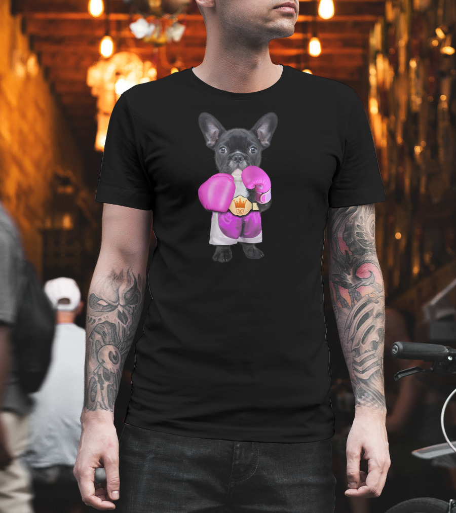 French Bulldog Wearing Boxing Gloves Champion Belt T-Shirt