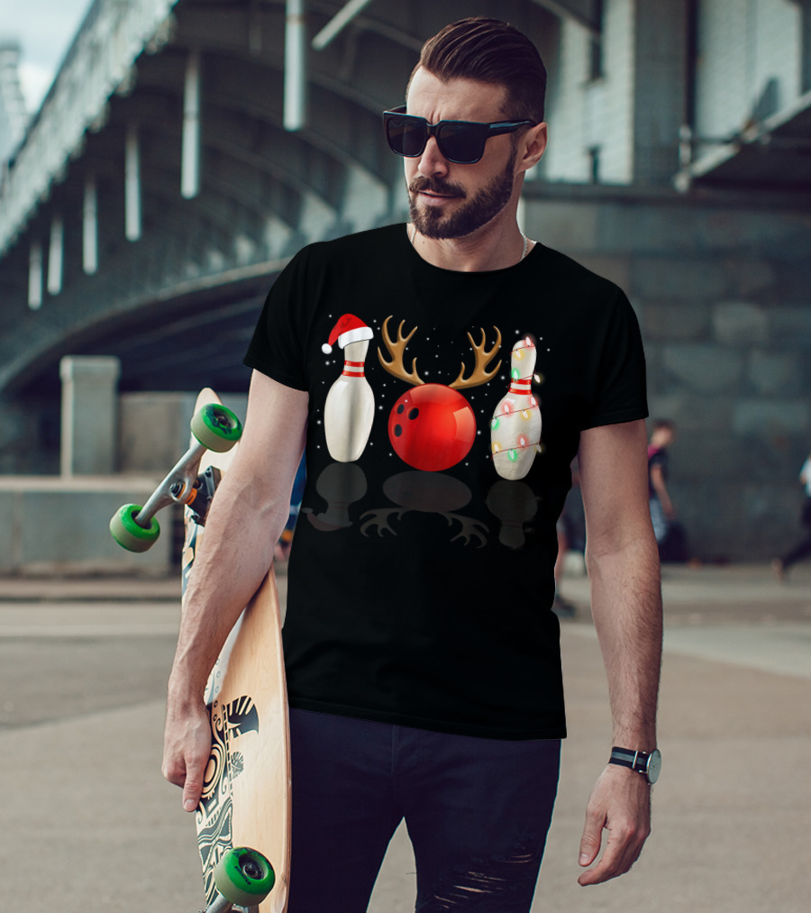 Reindeer Antlers Bowling Ball Santa Hat Christmas Lights Bowling Pins Funny Holiday Bowling T-Shirt
