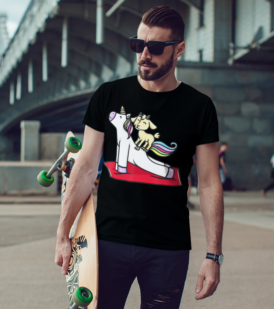 Goat Balancing On Yoga Unicorn Rainbow Mane T-Shirt