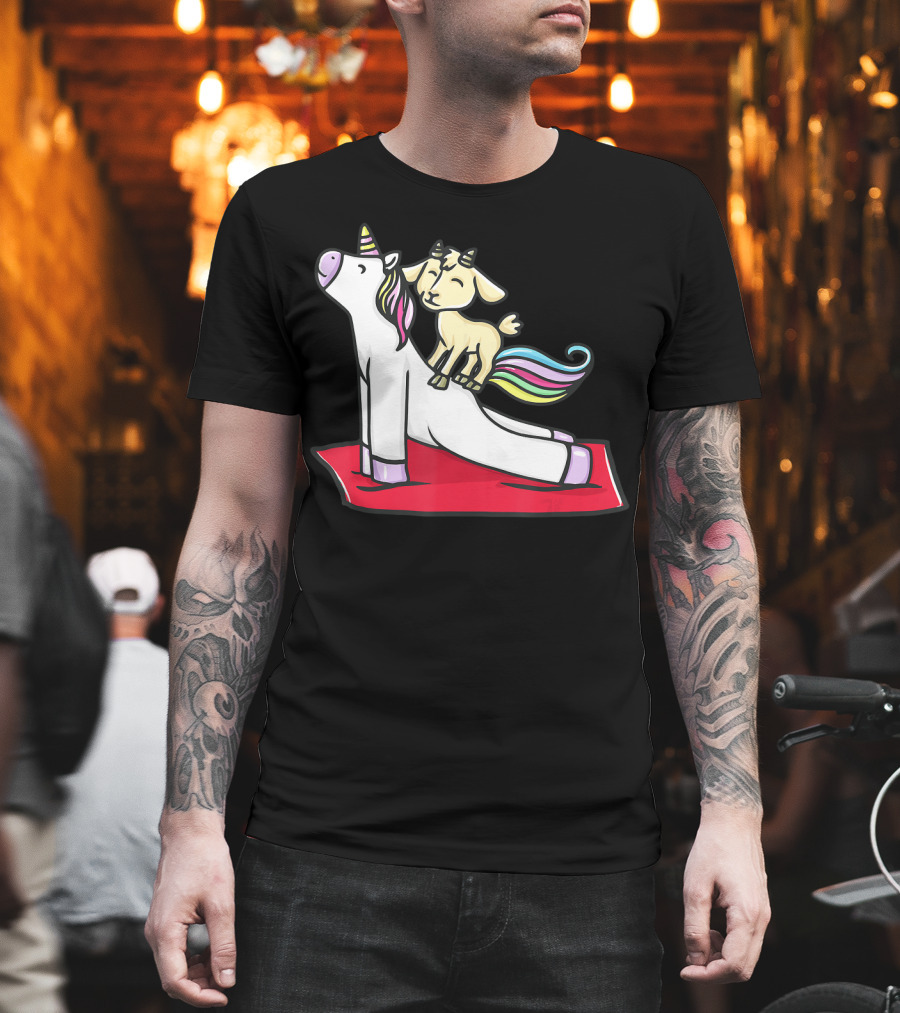 Goat Balancing on Yoga Unicorn Rainbow Mane T-Shirt