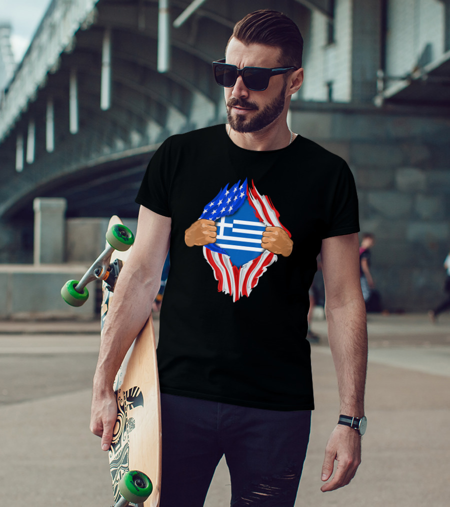 Greek Blood Inside Me Greece With American Flag Reveal T-Shirt
