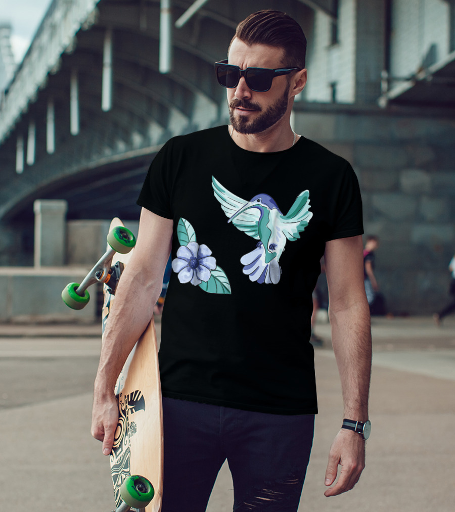 Green And Blue Hummingbird With White And Blue Flower T-Shirt