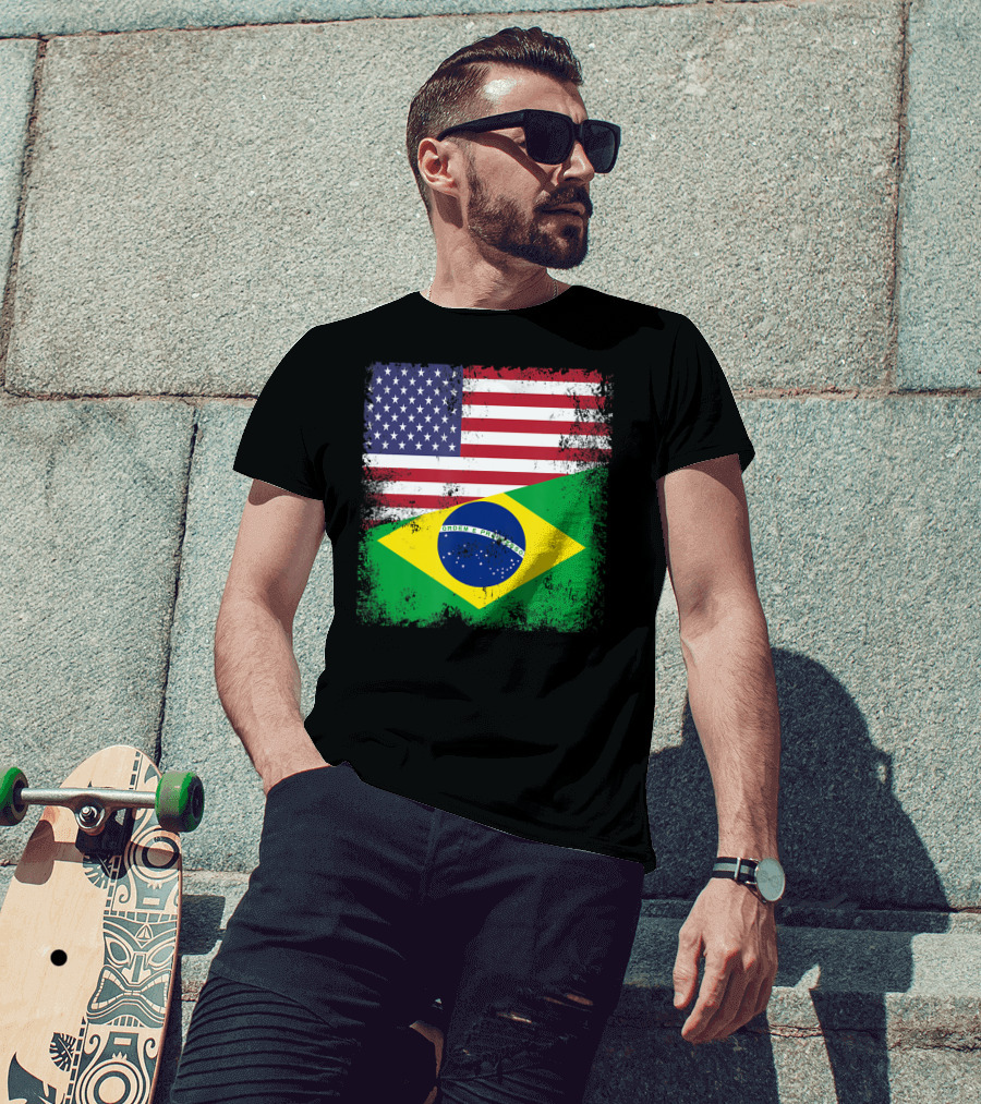 Vintage Half Brazilian Half American Flag Brazil U T-Shirt